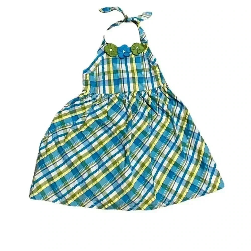 Gymboree Plaid Flower Green & Blue Halter Dress